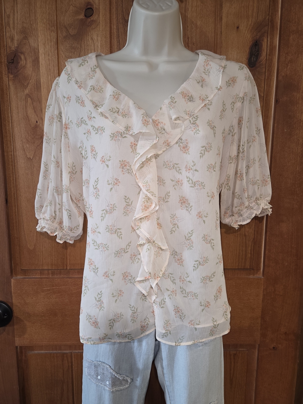 Maison d' Amelie Ruffle-Front Sheer Blouse in Light Peach‎ with Floral Print